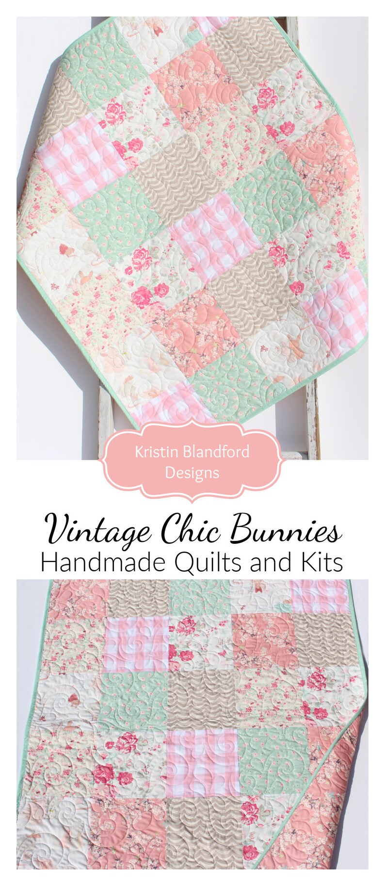 Puede incluir: Una colcha de retazos con un dise&ntilde;o floral vintage en tonos rosa, verde y marr&oacute;n. La colcha est&aacute; hecha de cuadrados con diferentes patrones, incluyendo cuadros vichy e estampados florales. La colcha est&aacute; doblada y expuesta en una escalera de madera blanca. El texto "Vintage Chic Bunnies Handmade Quilts and Kits" se muestra debajo de la colcha.