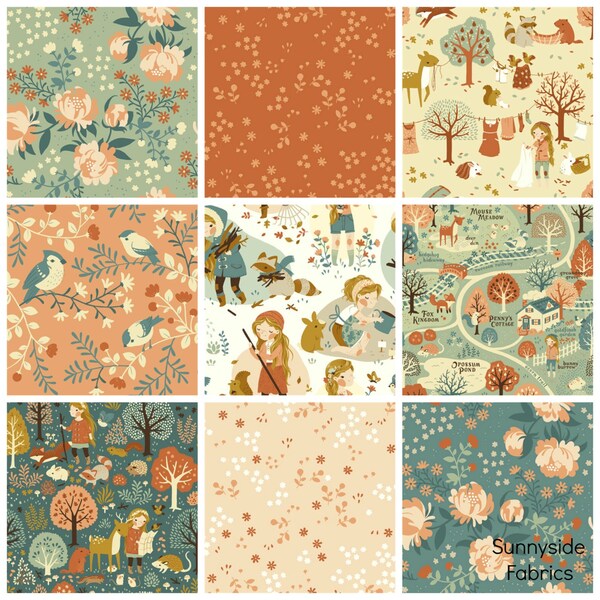 Acorn Trail Fat Quarter Bundle 9 Prints Girl Woodland Fabrics Birch Organics Cotton Quilting Forest Animals Coral Pink Teal Blue