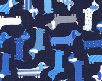 Dachshund Fabrics, Doxie Weenie Dog Robert Kaufman Navy Blue Grey Gray Puppy Dog Cotton Fabrics Quilting Sewing