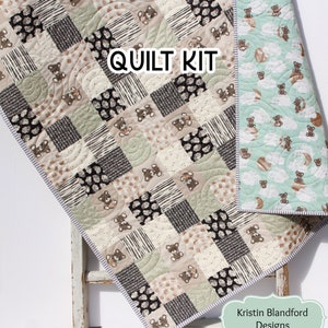 Quilt Kit for Newborns, Panel Beginner Project, Sewing Ideas, Simple Quick and Easy Quilting, Sleep Tight Teddy Bear Boy Black Gray Grey