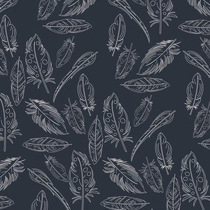 May include: A seamless pattern featuring white outline drawings of feathers on a dark blue background. The feathers are of various shapes and sizes, with some having a dotted pattern.