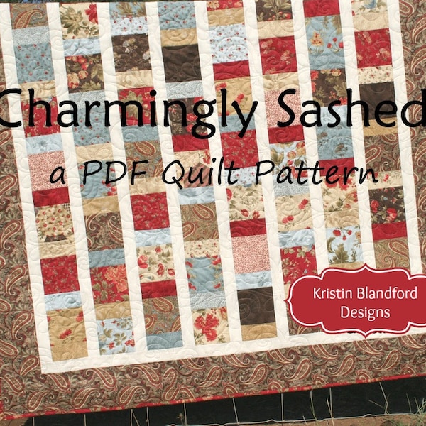 Quilt Pattern, Charmingly Sashed, Moda Charm Pack, Baby and Throw Size, Five Inch Squares, Easy Beginner Pattern Modern or Traditional