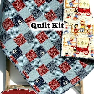Western Baby Quilt Kit, Lil Cowpoke, Cowboy Wagon Camp Fire, Bandana Patchwork Panel, Navy Blue Grey Red Wholecloth Panel Cheater Beginner