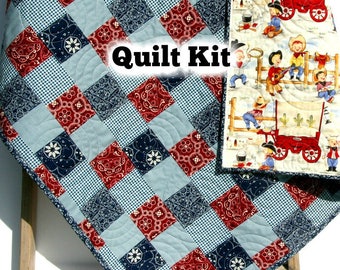 Western Baby Quilt Kit, Lil Cowpoke, Cowboy Wagon Camp Fire, Bandana Patchwork Panel, Navy Blue Grey Red Wholecloth Panel Cheater Beginner
