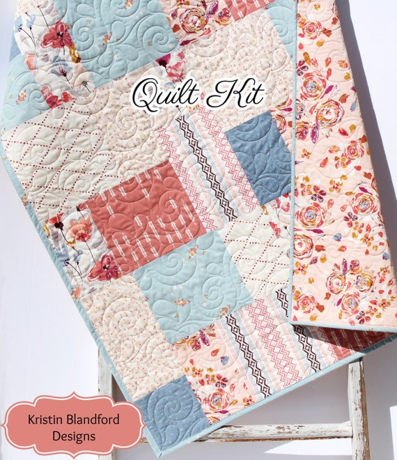 Quilt Kit, Modern Art Gallery Fabrics Baby Quilt Kit Throw Quilt Kit Twin Quilt  Kit Floral Flowers Coral Shell Minky Rosewood Blue Sewing 