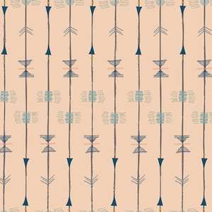 May include: A seamless pattern featuring a repeating design of blue arrows with peach, blue, and gray accents on a peach background.