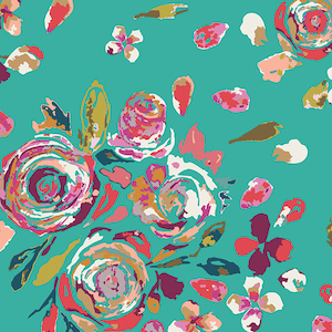 May include: A teal background with a floral pattern. The flowers are pink, white, and yellow with a painterly style.