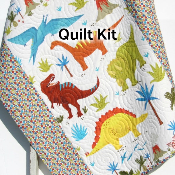 LAST ONE Quilt Kit, Dinosaur Panel, Quick Easy Fun, Beginner Project Fabrics, Baby Boy Child Kid, Crib Quilt Dino Blue Brown Sewing Patterns