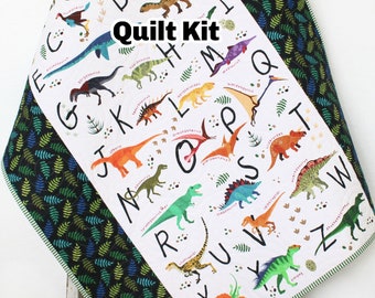 Dino Quilt Kit, Dinosaur Panel Quick Easy Fun Beginner Project Fabrics, Baby Boy Child Kid, Crib Quilt Dino Blue Brown Sewing Patterns Sale