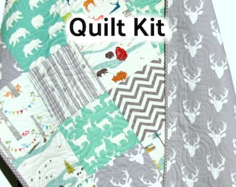 Quilt Kit, Boy Woodland Rustic Low Volume, Baby Blanket Project, Buck Forest Night, Crib Bedding Quilting Sewing Boy Toddler Bedding Bundle