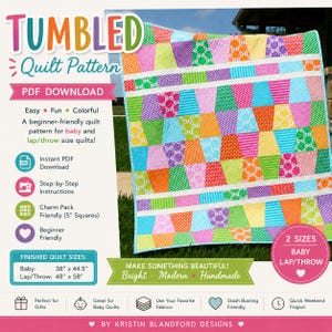 Modern baby quilt pattern with colorful tumbling blocks and white sashing designed by Kristin Blandford Designs. This digital PDF quilt pattern is charm pack friendly and includes step by step instructions for creating bright nursery quilts, toddler quilts, and lap throw quilts using precut quilting fabrics and beginner quilting techniques.