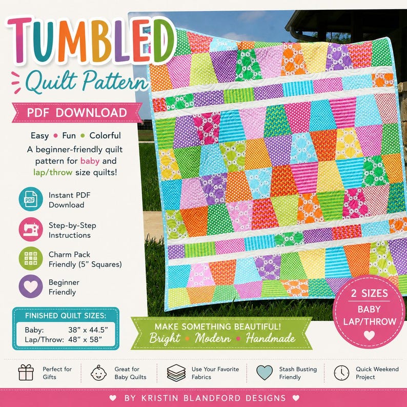 Modern baby quilt pattern with colorful tumbling blocks and white sashing designed by Kristin Blandford Designs. This digital PDF quilt pattern is charm pack friendly and includes step by step instructions for creating bright nursery quilts, toddler quilts, and lap throw quilts using precut quilting fabrics and beginner quilting techniques.