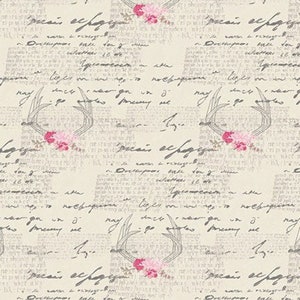 May include: A seamless pattern featuring a beige background with a repeating design of antlers and pink flowers. The background is covered in a faded, handwritten script.