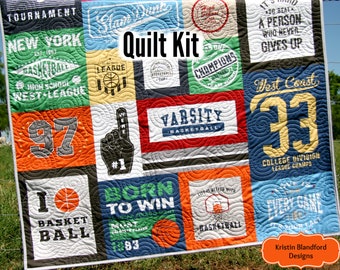 Basketball Quilt Kit, Varsity Sports Throw Blanket, Sewing Project Large Panel Minky Adult Blanket Home Decor Gift Boy Teen Faux Patchwork