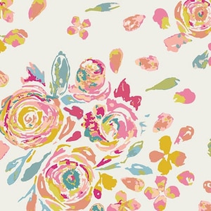May include: A white background with a floral pattern featuring pink, yellow, and blue flowers. The flowers are painted in a loose, abstract style.