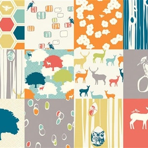 May include: A digital collage of 12 different patterns featuring woodland animals, trees, and geometric shapes. The patterns are in shades of blue, green, orange, red, and white.