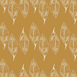 May include: A seamless pattern featuring white stylized leaves with a light pink geometric design on a mustard yellow background.