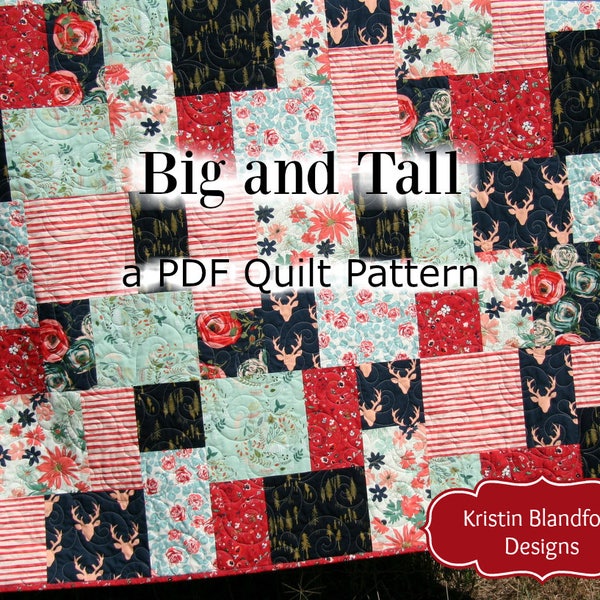 Big Block Quilt Pattern, Modern Mosaic, Big and Tall, Fat Quarter Throw Baby Lap Quilting Size Fast Easy Simple Contemporary Beginner, Large