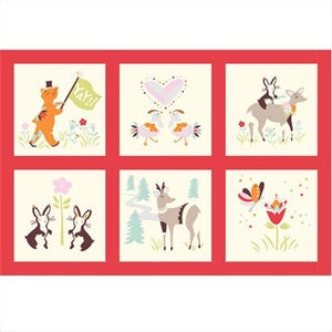 May include: A set of six illustrated cards featuring various animals and nature scenes. The cards are on a red background and have a cream-colored border. The illustrations include a tiger holding a flag that says "YAY!" two birds, a deer, two rabbits, and a butterfly.