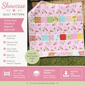 Showcase quilt pattern featuring pastel woodland fabrics and charm pack patchwork blocks in a modern baby quilt design by Kristin Blandford Designs.