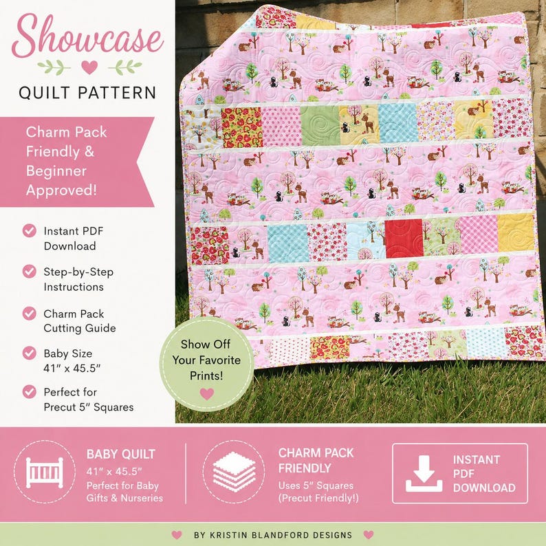 Showcase quilt pattern featuring pastel woodland fabrics and charm pack patchwork blocks in a modern baby quilt design by Kristin Blandford Designs.