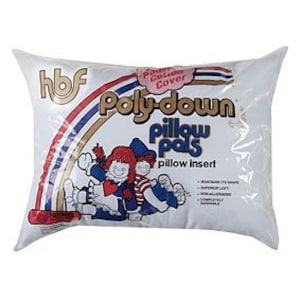 May include: A white rectangular Poly-down pillow insert in plastic packaging. The packaging features the text hbf, Poly-down, pillow pals, and pillow insert, with a graphic of two rag dolls under a rainbow and the text Pure Cotton Cover.
