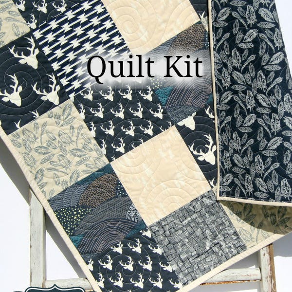 Quilt Kit Twin Size Navy Blue Cream Woodland Throw Bedding Blanket Quilting Project Baby Toddler Kit Patchwork Kit Deer Aztec Tribal Feather