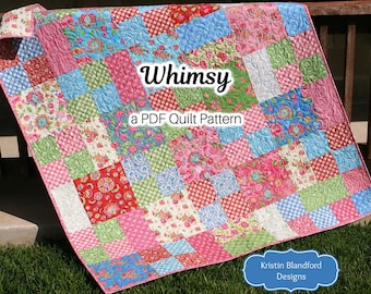 Layer Cake Quilt Pattern, Whimsy, Moda Baby Quilt and Throw Simple Fast Easy Beginner Quilt Pattern, Ten Inch Squares Precuts, PDF File