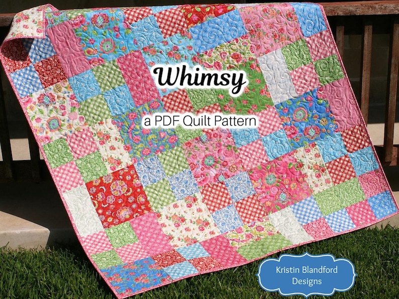 Modern layer cake quilt pattern featuring a simple patchwork design with easy piecing and detailed quilt instructions. The bestselling Whimsy Quilt Pattern by Kristin Blandford Designs is ideal for beginner quilting projects, baby quilts, and throw quilt sewing patterns.