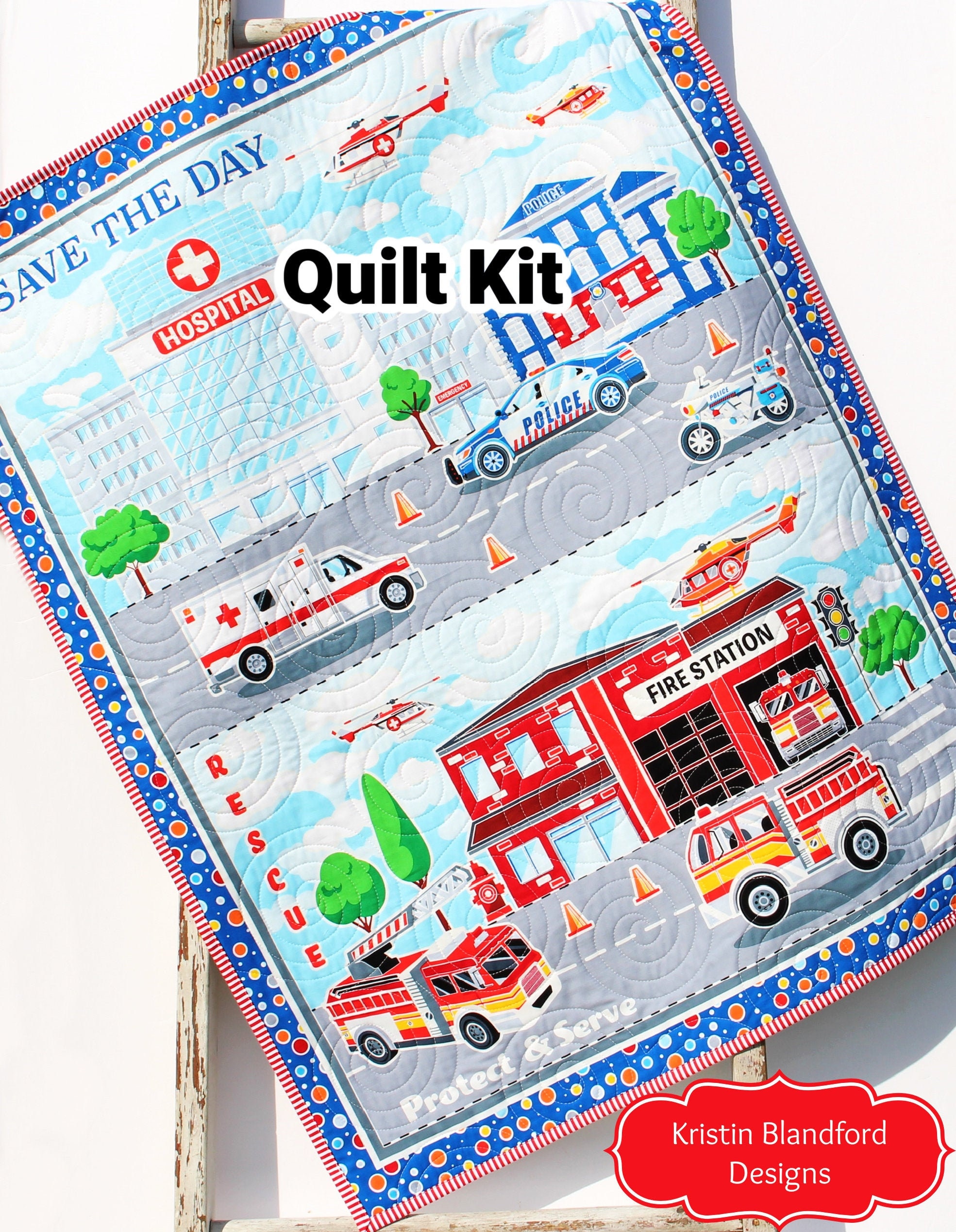 Quilt Kit Rescue Fire Fighter Ambulance Police Panel Quick Easy Fun Beginner Project First Responders Baby Boy Save the Day Newborn Blanket