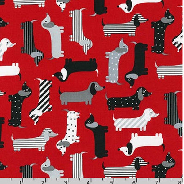 Dachshund Fabrics, Weenie Dog Robert Kaufman Black Red Grey Gray Puppy Dog Cotton Fabrics Quilting Sewing