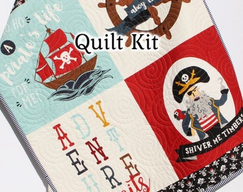 Pirate Tales Quilt Kit, Natuical Boy Panel, Nursery Crib Sewing Blanket, Ocean Sea Quilting DIY Project Simple Quick Easy Jolly Roger Ship