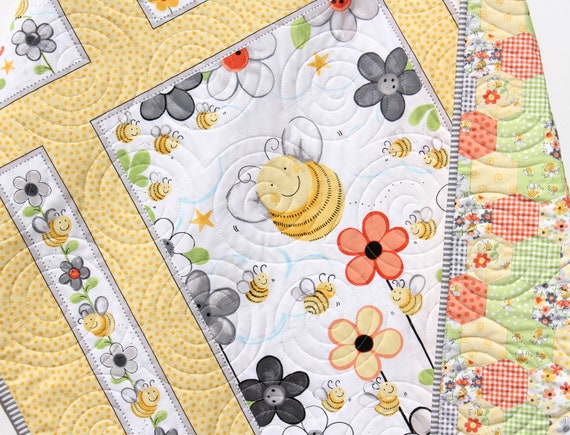 Baby Quilt Kit Bees Bedding Panel Stripe Quick Beginner Project Fabrics  Bundle Set Baby Nursery Bedding DIY Honeybees Gender Neutral Yellow -   Norway