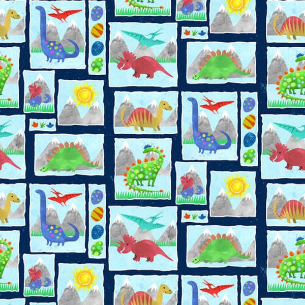 Dinosaur Kingdom Patchwork Henry Glass Fabrics Prehistoric Adventure Blue Green Orange Mountains Valcano Fabrics Boy Fabrics Dino T-Rex