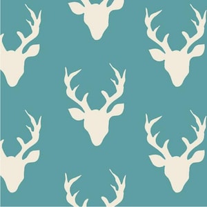 Buck Forest Lake Hello Bear Bonnie Christine Art Gallery Fabric Dark Blue Teal Aqua Ivory Deer Stag Head Antler Boy Fabrics Hunting