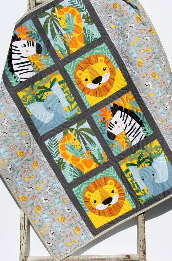 Quilt Kit Safari Soiree Animals Giraffe Lion Zebra Elephant Baby Quilt Gender Neutral Jungle Animals by Quilts Just 4
