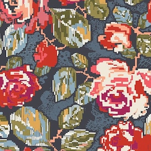 May include: A seamless pattern featuring a repeating design of stylized red, pink, and white roses with green leaves on a dark blue background.