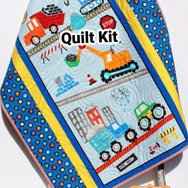 Quilt Kit, Construction Baby Boy Panel Quick Easy Fun Beginner Roadwork Ahead Sewing Project Quilting Ideas Newborn Gifts Cranes Dump Trucks