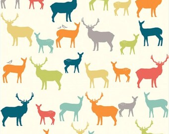 COTTON Yard Elk Grove Elk Family Multi Birch Organic Fabrics Deer Fam Woodland Stag Colorful Deer Blue Green Yellow Orange