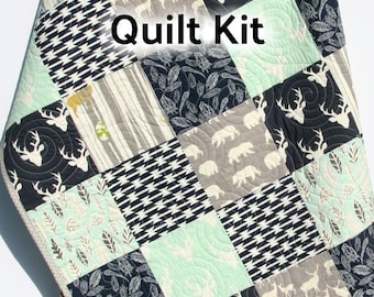 Mint Baby Boy Quilt Kit – Woodland Deer Quilt Kit – Toddler Throw Twin Quilt Kit – Minky Backing Option – Beginner Quilt Kit