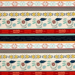 May include: A seamless pattern with a repeating design of geometric shapes and floral motifs in shades of red, orange, yellow, blue, and green. The pattern is set against a white background.
