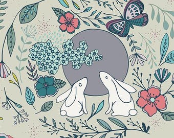 Woodland Fabric by Art Gallery Nightfall Maureen Cracknell Moon Stories Ash Forest Tress Girls Child Baby Bunny Bunnies Rabbits Butterfly