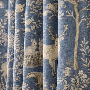 Cortinas de lino lavado con estampado de bosque inglés, con estampado de toile azul, animales del bosque, estilo rústico, estilo rústico, personalizadas.