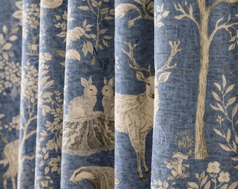 English Woodland Washed Linen Curtains Blue Toile Forest Animals Farmhouse Country Cottage Custom Drapes