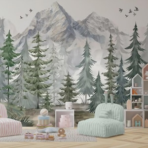 Forest Mountain Nursery Wall Mural – Watercolor Pine Tree & Nature Landscape Wallpaper for Kids Room or Baby Nursery
