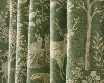 Tende in lino lavato stile bosco inglese, verde, animali della foresta, stile fattoria, cottage di campagna, tende personalizzate