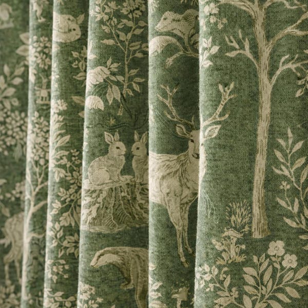 Cortinas de lino lavado con estampado de bosque inglés, color verde Toile, animales del bosque, estilo casa de campo, cortinas personalizadas
