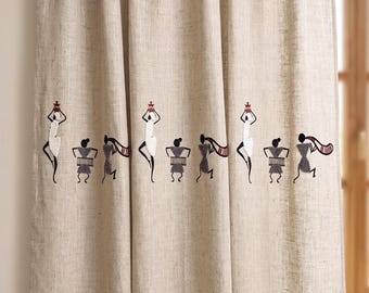 Cortinas de lino con figuras étnicas africanas bordadas, cortinas personalizadas de estilo bohemio tribal y arte popular.