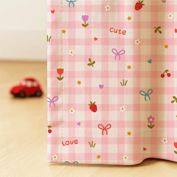 Cortina infantil de cuadros vichy rosas – Cortinas infantiles con estampados florales y frutas