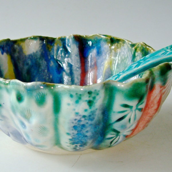 Pottery bowl and Spoon, Ceramic Bowl, ice cream bowl, Lace Bowl, Pastel bowl, Decorative bowl, pink blue, organic shape bowl, ice cream bowl